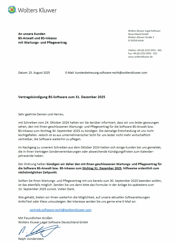 Kündigungsschreiben von Wolters Kluwer für Kunden von BSAnwalt und BSInkasso